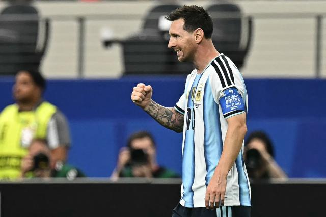 Argentina's forward #10 Lionel Messi celebrates after scoring the opening goal during the 2026 World Cup Group J football match between Argentina and Austria at the Dallas Stadium in Arlington on June 22, 2026.  (Photo by Paul ELLIS / AFP)