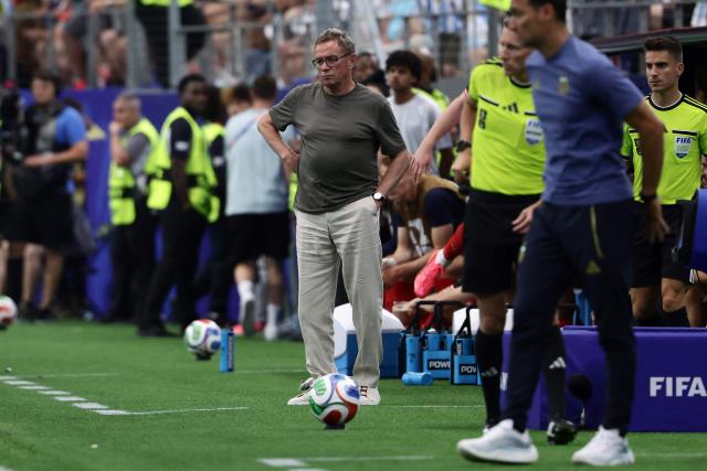 Austria's German head coach Ralf Rangnick attends the 2026 World Cup Group J football match between Argentina and Austria at the Dallas Stadium in Arlington on June 22, 2026.  (Photo by Aric Becker / AFP)