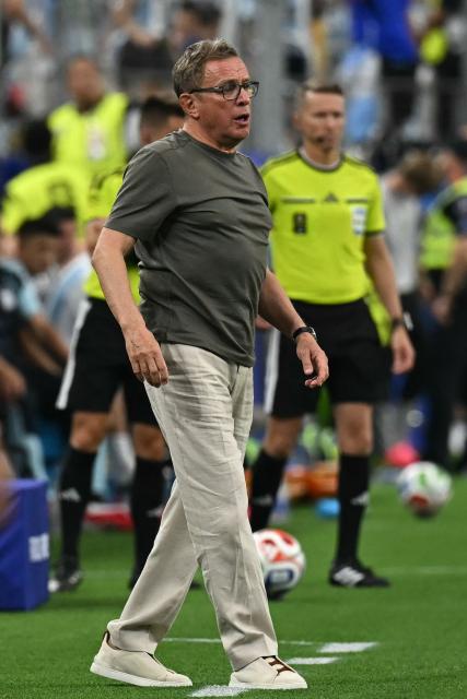 Austria's German head coach Ralf Rangnick reacts during the 2026 World Cup Group J football match between Argentina and Austria at the Dallas Stadium in Arlington on June 22, 2026.  (Photo by Paul ELLIS / AFP)