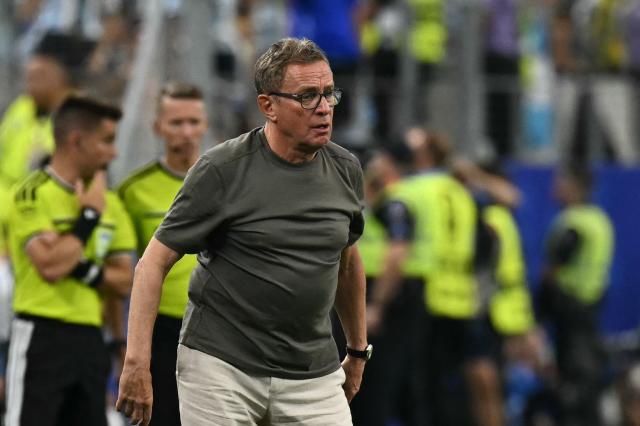 Austria's German head coach Ralf Rangnick reacts during the 2026 World Cup Group J football match between Argentina and Austria at the Dallas Stadium in Arlington on June 22, 2026.  (Photo by Paul ELLIS / AFP)
