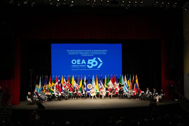 Delegates attend a meeting with civil society representatives ahead of the 56th General Assembly of the Organization of American States (OAS) in Panama City on June 22, 2026. Panama is hosting the OAS General Assembly from June 24 to 26, bringing together foreign ministers, diplomats and representatives from across the Americas to discuss regional cooperation and key hemispheric issues. (Photo by ARNULFO FRANCO / AFP)