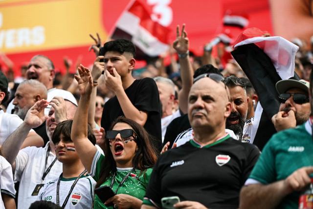Iraq's fans cheer their team ahead of the 2026 World Cup Group I football match between France and Iraq at the Philadelphia Stadium in Philadelphia on June 22, 2026.  (Photo by Jewel SAMAD / AFP)