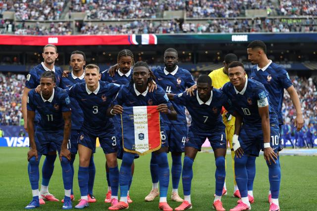 France's players pose for a team photo ahead of the 2026 World Cup Group I football match between France and Iraq at the Philadelphia Stadium in Philadelphia on June 22, 2026.  (Photo by FRANCK FIFE / AFP)