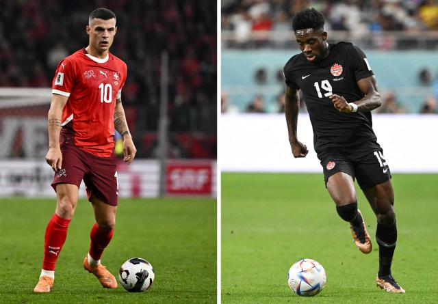 (COMBO) This combination of file photos created on June 22, 2026,  Switzerland's midfielder #10 Granit Xhaka in Geneva, on November 15, 2025 (L); Canada's forward #19 Alphonso Davies in Doha on November 27, 2022. Switzerland and Canada in a 2026 World Cup Group B football match at the BC Place Vancouver Stadium in Vancouver on June 24, 2026. (Photo by Fabrice COFFRINI and Ozan KOSE / AFP)