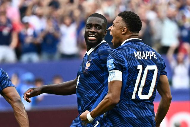 France's forward #10 Kylian Mbappe celebrates scoring his team's first goal during the 2026 World Cup Group I football match between France and Iraq at the Philadelphia Stadium in Philadelphia on June 22, 2026.  (Photo by Jewel SAMAD / AFP)
