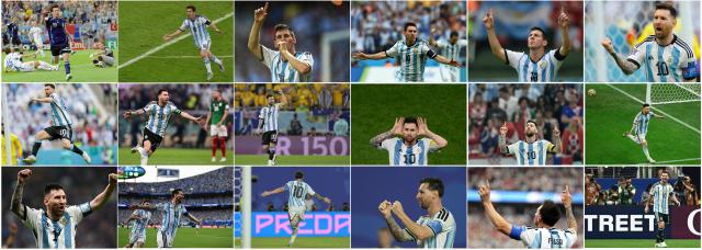 TOPSHOT - This combination of pictures created on June 22, 2026 shows Argentina's forward Lionel Messi celebrating after scoring against Serbia and Montenegro in Gelsenkirchen on June 16, 2006 (top row, 1st L), against Bosnia and Herzegovina in Rio de Janeiro on June 15, 2014 (top row, 2nd L), against Iran in Belo Horizonte on June 21, 2014 (top row, 3rd L), against Nigeria in Porto Alegre on June 25, 2014 (top row, 3rd R), against Nigeria in Porto Alegre on June 25, 2014 (top row, 2nd R), and against Nigeria in Saint Petersburg on June 26, 2018 (top row, 1st R); against Saudi Arabia in Lusail on November 22, 2022 (middle row, 1st L), against Mexico in Lusail on November 26, 2022 (middle row, 2nd L), against Australia in Doha on December 3, 2022 (middle row, 3rd L), against the Netherlands in Lusail on December 9, 2022 (middle row, 3rd R), against Croatia in Lusail on December 13, 2022 (middle row, 2nd R), and against France in Lusail on December 18, 2022 (middle row, 1st R, 1 of 2); against France in Lusail on December 18, 2022 (bottom row, 1st L, 2 of 2), against Algeria in Kansas City on June 17, 2026 (bottom row, 2nd L, 1 of 3), against Algeria in Kansas City on June 17, 2026 (bottom row, 3rd L, 2 of 3), against Algeria in Kansas City on June 17, 2026 (bottom row, 3rd R, 3 of 3), against Austria in Arlington on June 22, 2026 (bottom row, 2nd R, 1 of 2), and against Austria in Arlington on June 22, 2026 (bottom row, 1st R, 2 of 2). Argentina forward Lionel Messi set a new record for most goals scored at men's World Cup tournaments on June 22, 2026 after netting his 18th career goal in the tournament. (Photo by AFP)