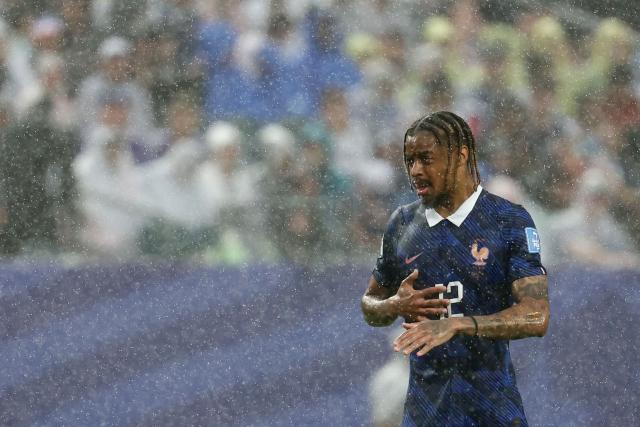 France's forward #12 Bradley Barcola gestures during the 2026 World Cup Group I football match between France and Iraq at the Philadelphia Stadium in Philadelphia on June 22, 2026.  (Photo by FRANCK FIFE / AFP)
