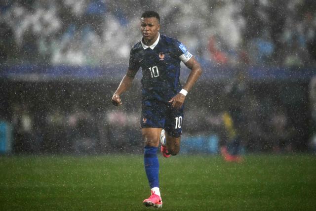France's forward #10 Kylian Mbappe reacts during the 2026 World Cup Group I football match between France and Iraq at the Philadelphia Stadium in Philadelphia on June 22, 2026.  (Photo by Mauro PIMENTEL / AFP)