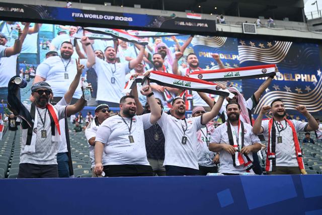 Iraq's fans cheer their team during the 2026 World Cup Group I football match between France and Iraq at Philadelphia Stadium in Philadelphia on June 22, 2026.  (Photo by Jewel SAMAD / AFP)