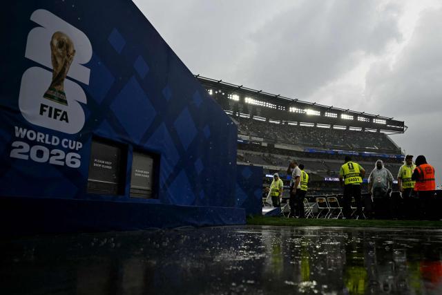 This view shows rain during the 2026 World Cup Group I football match between France and Iraq at Philadelphia Stadium in Philadelphia on June 22, 2026.  (Photo by Mauro PIMENTEL / AFP)