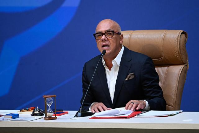 Venezuela's National Assembly President Jorge Rodriguez speaks during a special session of Venezuela’s National Assembly marking the bicentennial of the Congress of Panama at the Teresa Carreno Theater in Caracas, on June 22, 2026. (Photo by Federico PARRA / AFP)