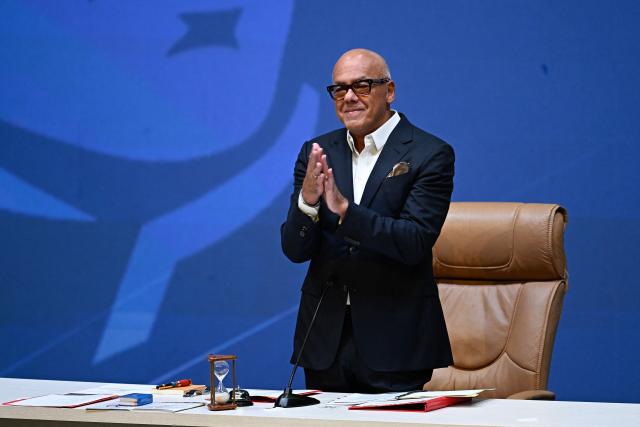 Venezuela's National Assembly President Jorge Rodriguez applauds during a special session of Venezuela’s National Assembly marking the bicentennial of the Congress of Panama at the Teresa Carreno Theater in Caracas, on June 22, 2026. (Photo by Federico PARRA / AFP)