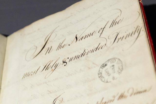 The Treaty of Paris, 1783, where Britain formally recognised the independence of the United States is pictured at a photocall ahead of the exhibition: Revolution 250: America's Independence Story 1763-1783 at The National Archives in Kew, west London on June 22, 2026. (Photo by Brook Mitchell / AFP)