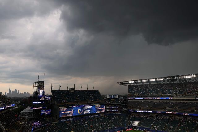 A view of the Philadelphia Stadium as the 2026 World Cup Group I football match between France and Iraq is suspended due to adverse weather in Philadelphia on June 22, 2026.  (Photo by FRANCK FIFE / AFP)