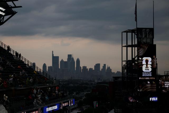 A view of the Philadelphia skyline as the 2026 World Cup Group I football match between France and Iraq is suspended due to adverse weather at the Philadelphia Stadium in Philadelphia on June 22, 2026.  (Photo by FRANCK FIFE / AFP)