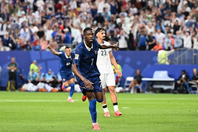 France's forward #07 Ousmane Dembele celebrates scoring his team's third goal during the 2026 World Cup Group I football match between France and Iraq at the Philadelphia Stadium in Philadelphia on June 22, 2026.  (Photo by ROBERTO SCHMIDT / AFP)