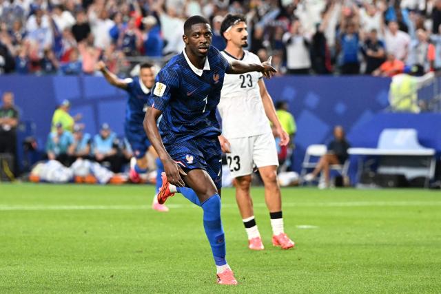 France's forward #07 Ousmane Dembele celebrates scoring his team's third goal during the 2026 World Cup Group I football match between France and Iraq at the Philadelphia Stadium in Philadelphia on June 22, 2026.  (Photo by ROBERTO SCHMIDT / AFP)