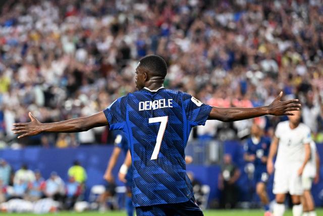 France's forward #07 Ousmane Dembele celebrates scoring his team's third goal during the 2026 World Cup Group I football match between France and Iraq at the Philadelphia Stadium in Philadelphia on June 22, 2026.  (Photo by ROBERTO SCHMIDT / AFP)