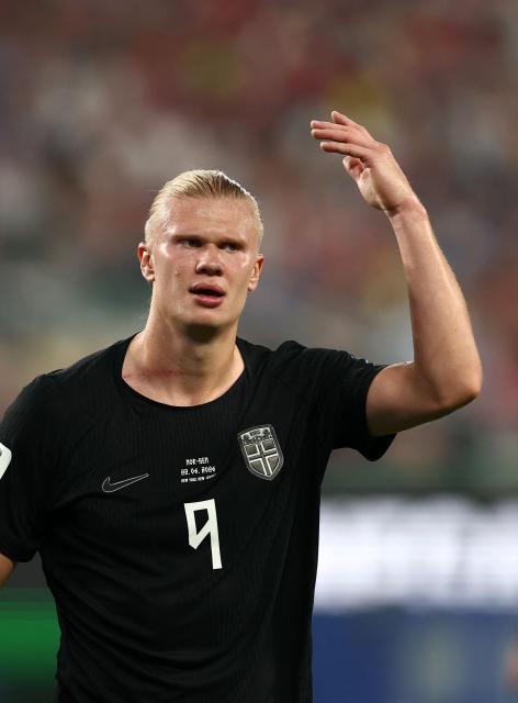 Norway's forward #09 Erling Braut Haaland reacts during the 2026 World Cup Group I football match between Norway and Senegal at the New York/New Jersey Stadium in East Rutherford on June 22, 2026. (Photo by Charly TRIBALLEAU / AFP)