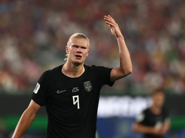 Norway's forward #09 Erling Braut Haaland reacts during the 2026 World Cup Group I football match between Norway and Senegal at the New York/New Jersey Stadium in East Rutherford on June 22, 2026. (Photo by Charly TRIBALLEAU / AFP)