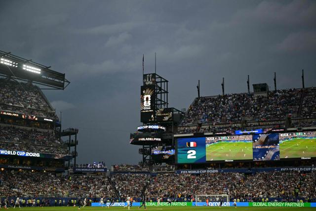 French and Iraqi fans attend the 2026 World Cup Group I football match between France and Iraq at the Philadelphia Stadium in Philadelphia on June 22, 2026.  (Photo by MAURO PIMENTEL / AFP)