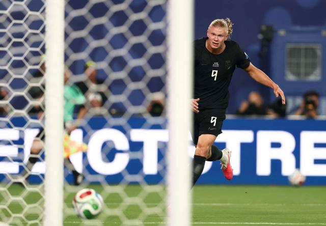 Norway's forward #09 Erling Braut Haaland scores his team's second goal during the 2026 World Cup Group I football match between Norway and Senegal at the New York/New Jersey Stadium in East Rutherford on June 22, 2026. (Photo by Charly TRIBALLEAU / AFP)