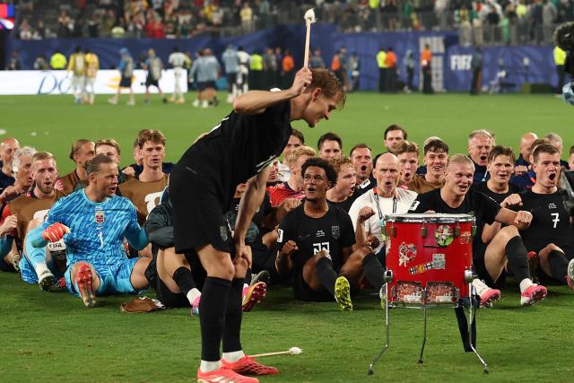 Norway's players celebrate after winning the 2026 World Cup Group I football match between Norway and Senegal at the New York/New Jersey Stadium in East Rutherford on June 22, 2026. (Photo by Charly TRIBALLEAU / AFP)