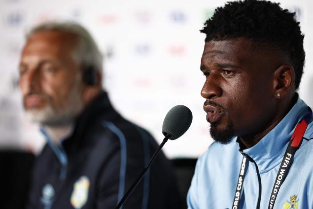 Congo DR's French head coach Sebastien Desabre adn Congo DR's midfielder #15 Aaron Tshibola give a press conference at the Guadalajara Stadium in Guadalajara, Mexico on June 22, 2026, on the eve of the 2026 World Cup football tournament match between Colombia and DR Congo.  (Photo by Ulises RUIZ / AFP)
