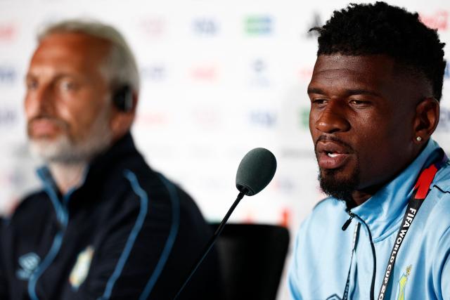 Congo DR's French head coach Sebastien Desabre adn Congo DR's midfielder #15 Aaron Tshibola give a press conference at the Guadalajara Stadium in Guadalajara, Mexico on June 22, 2026, on the eve of the 2026 World Cup football tournament match between Colombia and DR Congo.  (Photo by Ulises RUIZ / AFP)