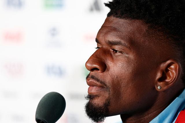 Congo DR's midfielder #15 Aaron Tshibola gives a press conference at the Guadalajara Stadium in Guadalajara, Mexico on June 22, 2026, on the eve of the 2026 World Cup football tournament match between Colombia and DR Congo.  (Photo by Ulises RUIZ / AFP)