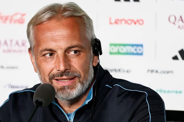 Congo DR's French head coach Sebastien Desabre gives a press conference at the Guadalajara Stadium in Guadalajara, Mexico on June 22, 2026, on the eve of the 2026 World Cup football tournament match between Colombia and DR Congo.  (Photo by Ulises RUIZ / AFP)