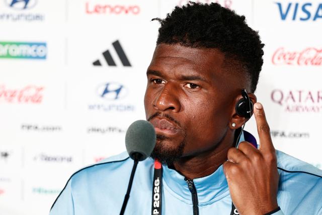 Congo DR's midfielder #15 Aaron Tshibola gives a press conference at the Guadalajara Stadium in Guadalajara, Mexico on June 22, 2026, on the eve of the 2026 World Cup football tournament match between Colombia and DR Congo.  (Photo by Ulises RUIZ / AFP)