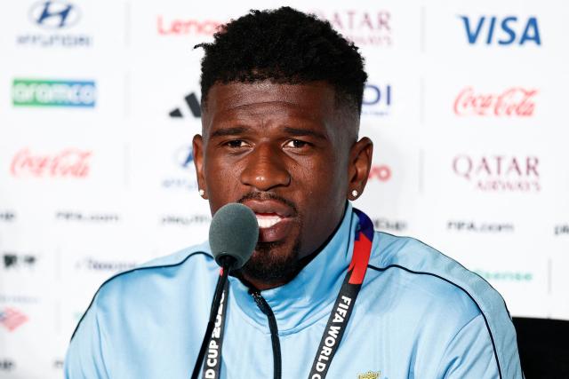 Congo DR's midfielder #15 Aaron Tshibola gives a press conference at the Guadalajara Stadium in Guadalajara, Mexico on June 22, 2026, on the eve of the 2026 World Cup football tournament match between Colombia and DR Congo.  (Photo by Ulises RUIZ / AFP)