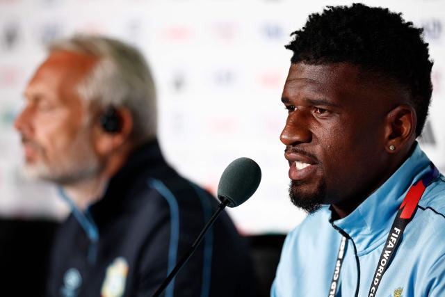 Congo DR's French head coach Sebastien Desabre adn Congo DR's midfielder #15 Aaron Tshibola give a press conference at the Guadalajara Stadium in Guadalajara, Mexico on June 22, 2026, on the eve of the 2026 World Cup football tournament match between Colombia and DR Congo.  (Photo by Ulises RUIZ / AFP)