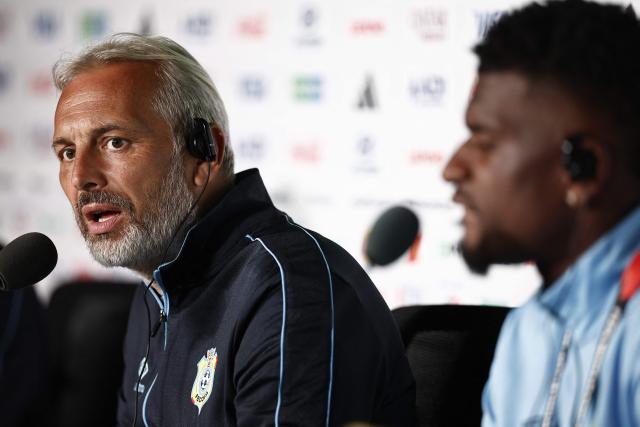 Congo DR's French head coach Sebastien Desabre adn Congo DR's midfielder #15 Aaron Tshibola give a press conference at the Guadalajara Stadium in Guadalajara, Mexico on June 22, 2026, on the eve of the 2026 World Cup football tournament match between Colombia and DR Congo.  (Photo by Ulises RUIZ / AFP)