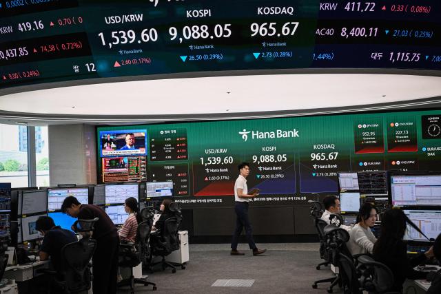 Currency dealers monitor exchange rates as a screen shows South Korea's benchmark stock index (KOSPI) in a foreign exchange dealing room at the Hana Bank headquarters in Seoul on June 23, 2026. (Photo by Jade GAO / AFP)
