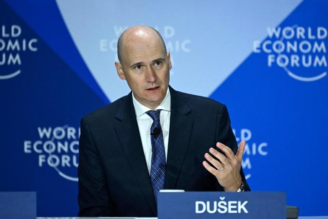 Mirek Dusek, WEF managing director, speaks at a press conference at the Dalian International Conference Centre during the World Economic Forum Annual Meeting of the New Champions in Dalian, China's Liaoning province, on June 23, 2026. (Photo by WANG Zhao / AFP)