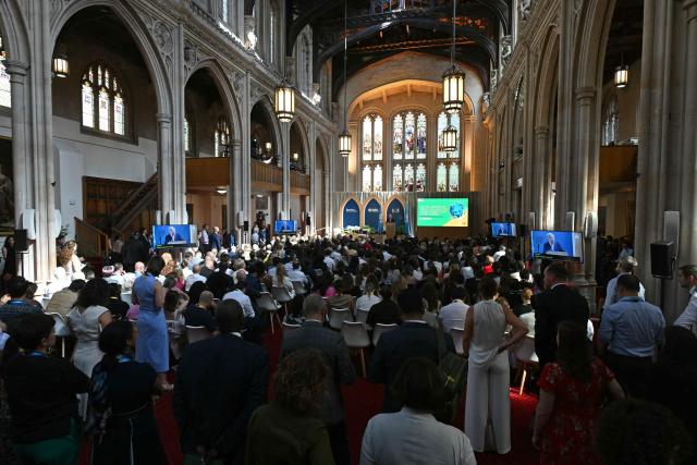 United Nations (UN) Secretary-General Antonio Guterres delivers a speech during the Climate Innovation Forum, part of London Climate Action Week, at the Guildhall in central London, on June 23, 2026. (Photo by JUSTIN TALLIS / AFP)