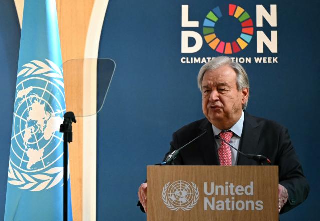 United Nations (UN) Secretary-General Antonio Guterres delivers a speech during the Climate Innovation Forum, part of London Climate Action Week, at the Guildhall in central London, on June 23, 2026. (Photo by JUSTIN TALLIS / AFP)
