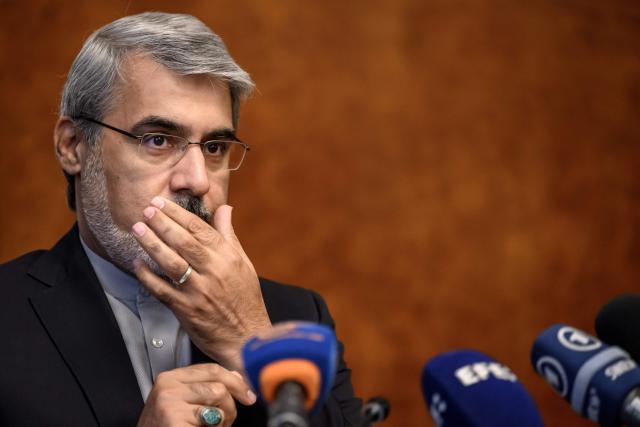 Iranian ambassador to the United Nations in Geneva Ali Bahreini reacts as he gestures during a briefing with the UN correspondent's association ACANU, following talks between US and Iran in Switzerland, in Geneva, on June 23, 2026. (Photo by Fabrice COFFRINI / AFP)