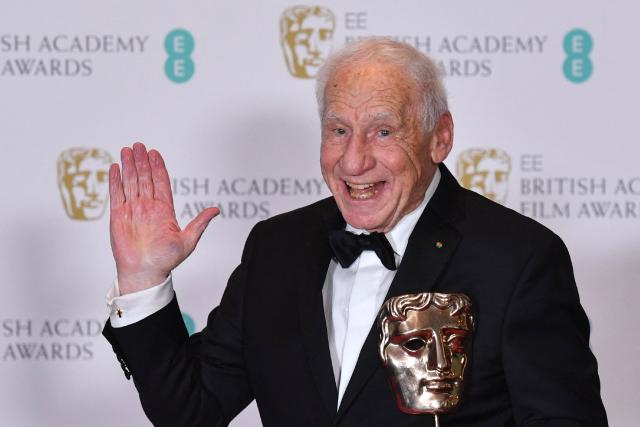 (FILES) US filmmaker Mel Brook poses with the BAFTA Fellowship Award at the BAFTA British Academy Film Awards at the Royal Albert Hall in London on February 12, 2017. US film director, actor, and producer Mel Brooks turns 100 on Sunday, June 28, 2026. (Photo by Ben STANSALL / AFP)