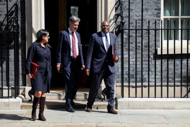 (L to R) Britain's Culture Secretary Lisa Nandy, Britain's Climate Change and Net Zero Secretary Ed Miliband and Britain's Justice Secretary and deputy Prime Minister David Lammy leave from 10 Downing Street in central London on June 23, 2026, after attending a cabinet meeting. (Photo by Toby Shepheard / AFP)