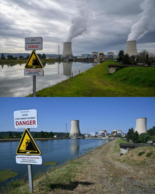 (COMBO) This combination of file pictures created on June 23, 2026 shows (Top) a general view shows the Golfech nuclear power station, on the sidelines of a protest by farmers over a number circumstances affecting their sector, in Golfech, southern France, on January 22, 2024 and (bottom) a view of the stopped Golfech nuclear power plant in southwestern France after its shutdown on June 22 evening, due to "environmental constraints" related to an ongoing heatwave, in Golfech on June 23, 2026. In periods of extreme heat, rising river temperatures can force EDF to reduce, or even halt, its production in order to avoid further warming the waterways. The operation of the plants is governed by maximum heating thresholds for bodies of water, which must not be exceeded, in order to protect wildlife and plant life. (Photo by Ed JONES and Lionel BONAVENTURE / AFP)