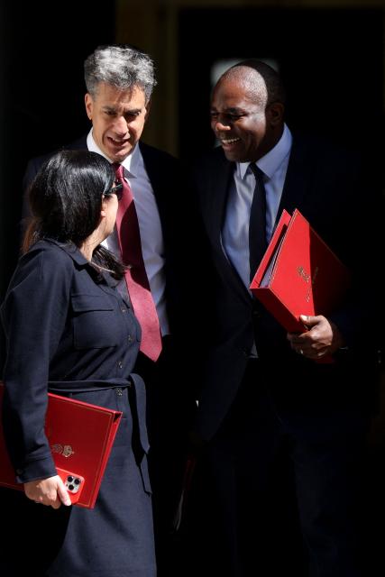 (L to R) Britain's Culture Secretary Lisa Nandy, Britain's Climate Change and Net Zero Secretary Ed Miliband and Britain's Justice Secretary and deputy Prime Minister David Lammy leave from 10 Downing Street in central London on June 23, 2026, after attending a cabinet meeting. (Photo by Toby Shepheard / AFP)