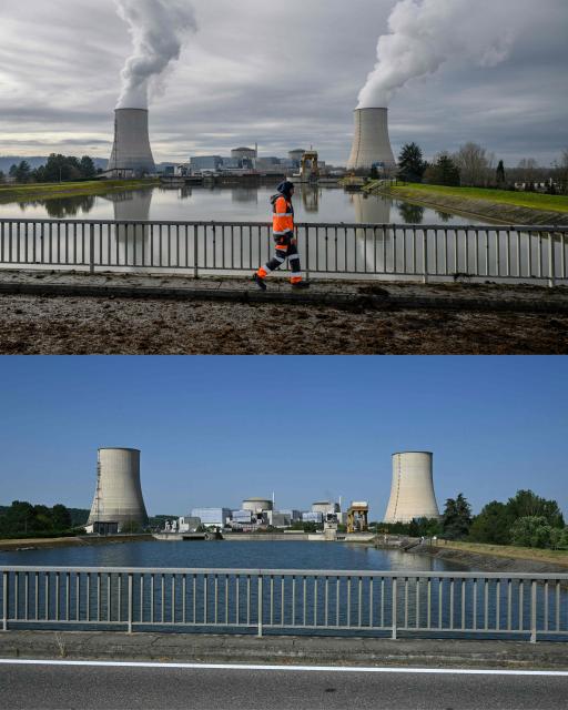 (COMBO) This combination of file pictures created on June 23, 2026 shows (top) a worker making their way across an access road to the Golfech nuclear power station to the Golfech nuclear power station, during a protest by farmers over a number circumstances affecting their sector, in Golfech, southern France, on January 22, 2024 and (bottom) a view of the stopped Golfech nuclear power plant in southwestern France after its shutdown on June 22 evening, due to "environmental constraints" related to an ongoing heatwave, in Golfech on June 23, 2026. France's powerful farming union on January 22 threatened a week or more of protest action as it was poised to meet with the prime minister. The unions have demanded concrete government action to address their grievances, which they say include excessive financial charges and environmental protection rules.
In periods of extreme heat, rising river temperatures can force EDF to reduce, or even halt, its production in order to avoid further warming the waterways. The operation of the plants is governed by maximum heating thresholds for bodies of water, which must not be exceeded, in order to protect wildlife and plant life. (Photo by Ed JONES and Lionel BONAVENTURE / AFP)