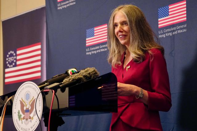 Julie Eadeh, US Consul General to Hong Kong and Macau, speaks to reporters during a media briefing following an event for the United States' upcoming 250th Independence Day, in Hong Kong on June 23, 2026. (Photo by Tommy WANG / AFP)