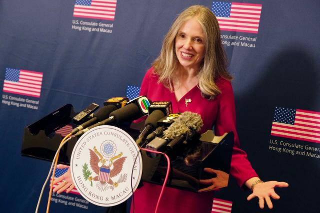 Julie Eadeh, US Consul General to Hong Kong and Macau, speaks to reporters during a media briefing following an event for the United States' upcoming 250th Independence Day, in Hong Kong on June 23, 2026. (Photo by Tommy WANG / AFP)