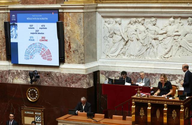 President of the French National Assembly Yael Braun-Pivet sits next to the results appearing during a formal vote on the draft constitutional reform bill that would grant unprecedented “autonomy” to Corsica, at The National Assembly, France's lower house of parliament in Paris on June 23, 2026. The French National Assembly has approved the principle of granting Corsica a form of “autonomy. (Photo by Alain JOCARD / AFP)