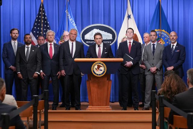 Acting Attorney General Todd Blanche (C) speaks during a press conference announcing annual healthcare fraud takedown results at the Department of Justice in Washington, DC on June 23, 2026. Also pictured, L-R, FBI Director Kash Patel, Medicare and Medicaid Administrator Mehmet Oz, US Secretary of Health and Human Services Robert F. Kennedy Jr., US Assistant Attorney General of the Justice Department's Fraud Division Colin McDonald, 
(A) Deputy Executive Associate Director, Homeland Security Investigations and Drug Enforcement Administration (DEA) Administrator Terry Cole. (Photo by Ken Cedeno / AFP)