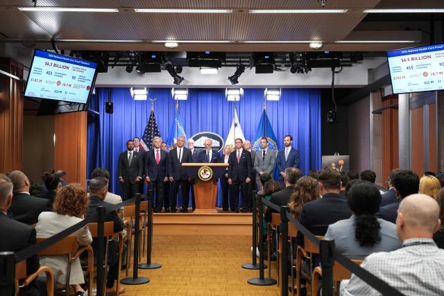 Drug Enforcement Administration (DEA) Administrator Terry Cole speaks during a press conference announcing annual healthcare fraud takedown results at the Department of Justice in Washington, DC on June 23, 2026. Also pictured, L-R, FBI Director Kash Patel, Medicare and Medicaid Administrator Mehmet Oz, US Secretary of Health and Human Services Robert F. Kennedy Jr., Acting Attorney General Todd Blanche, and US Assistant Attorney General of the Justice Department's Fraud Division Colin McDonald, 
(A) Acting Deputy Executive Associate Director of Homeland Security Investigations (HSI) Matthew Millhollin. (Photo by Ken Cedeno / AFP)